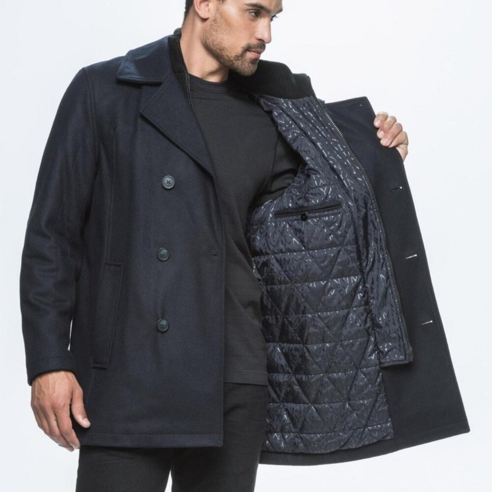 Marc New York Andrew Marc Black Wool-Blend Peacoat with Quilted Lining – Size L